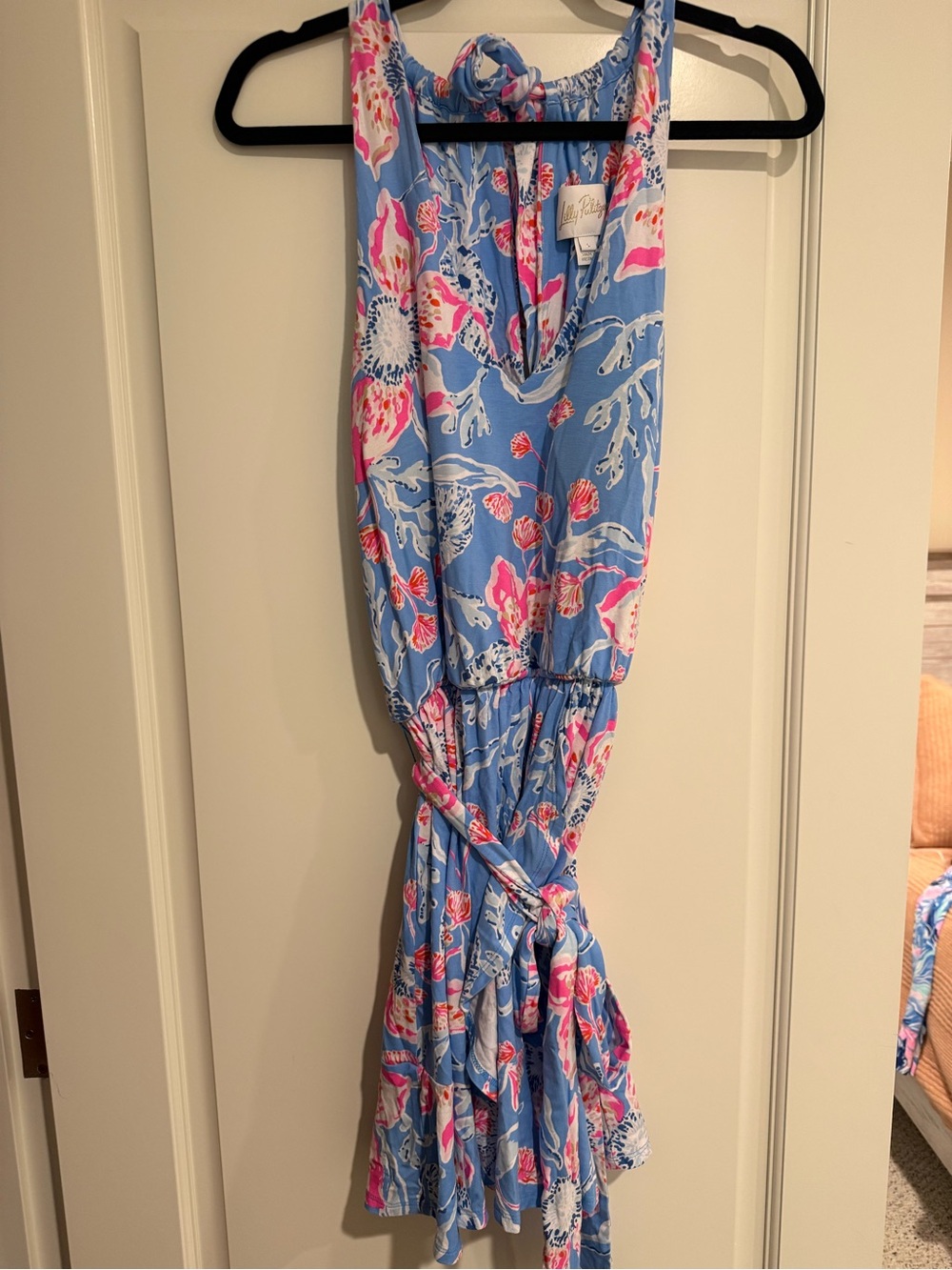 Lilly Light Blue Floral Sleeveless Shorts Romper with Pink Accents